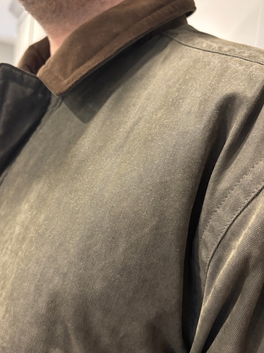 LL Bean Olive Green Chore Coat Jacket with Brown Collar